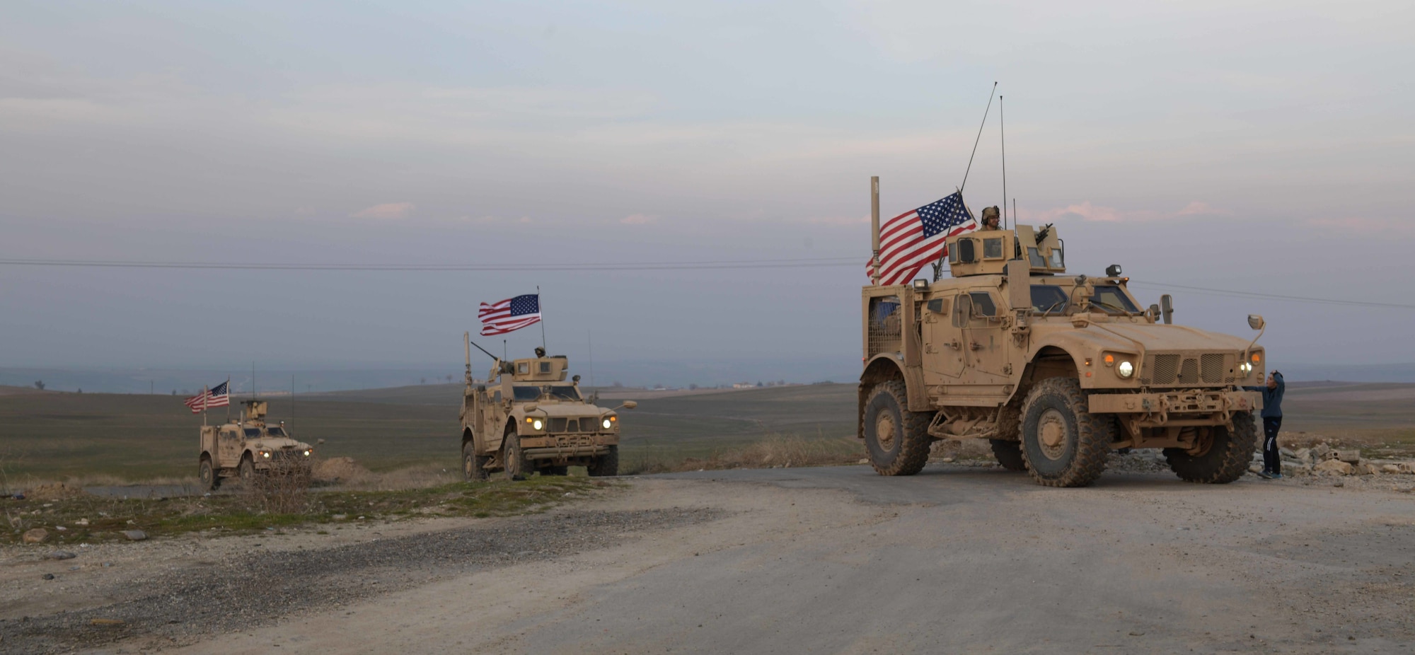 Soldiers of Bravo Company, 3rd Infantry Battalion, 21st Infantry Regiment, 25th Infantry Division conduct a patrol in northeast Syria, 30 January 2020.