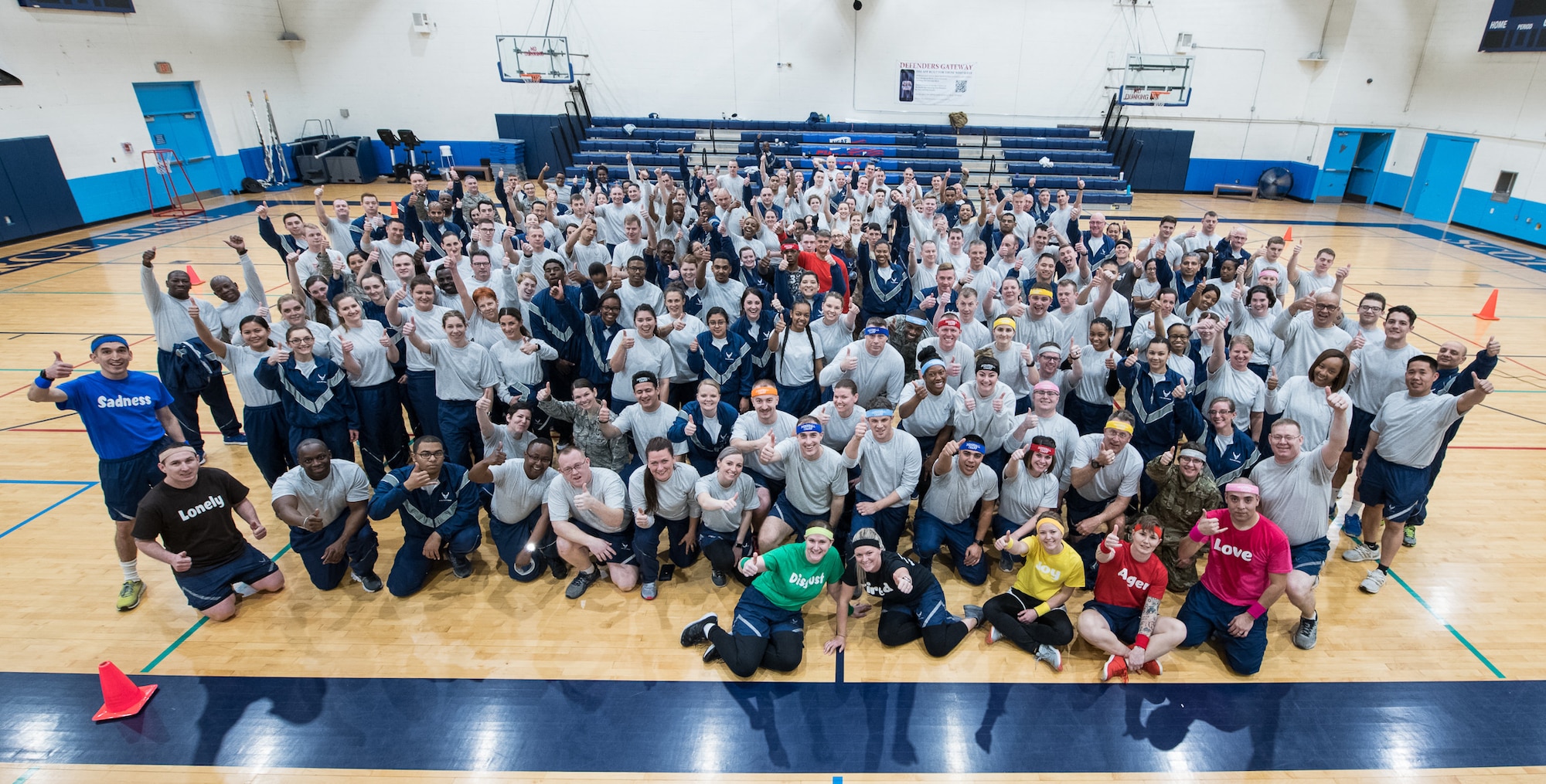 Citizen Airmen with the 932nd Medical Group join in some team building dodgeball during a resiliency pause February 9, 2020 Scott Air Force Base, Illinois. The intent of the planned pause is to give leadership and Airmen a chance to bond and create some camaraderie. (U.S. Air Force photo by Master Sgt. Christopher Parr)