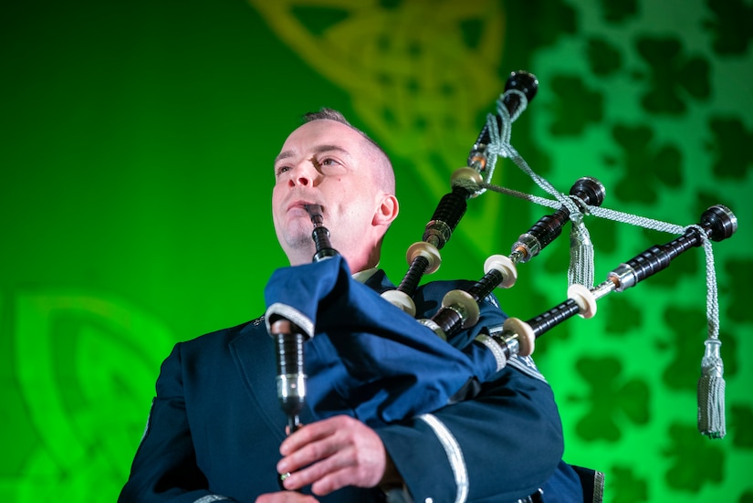 Tech. Sgt. Adam Tianello, U.S. Air Force Band ensemble Celtic Aire bagpiper, plays at the 38th Annual North Texas Irish Festival in Dallas, Tx., March 6, 2020.Tianello’s role as the Air Force’s bagpiper is a solitary one as he is the only one with the official job title. (U.S. Air Force photo by Staff Sgt. Jared Duhon)