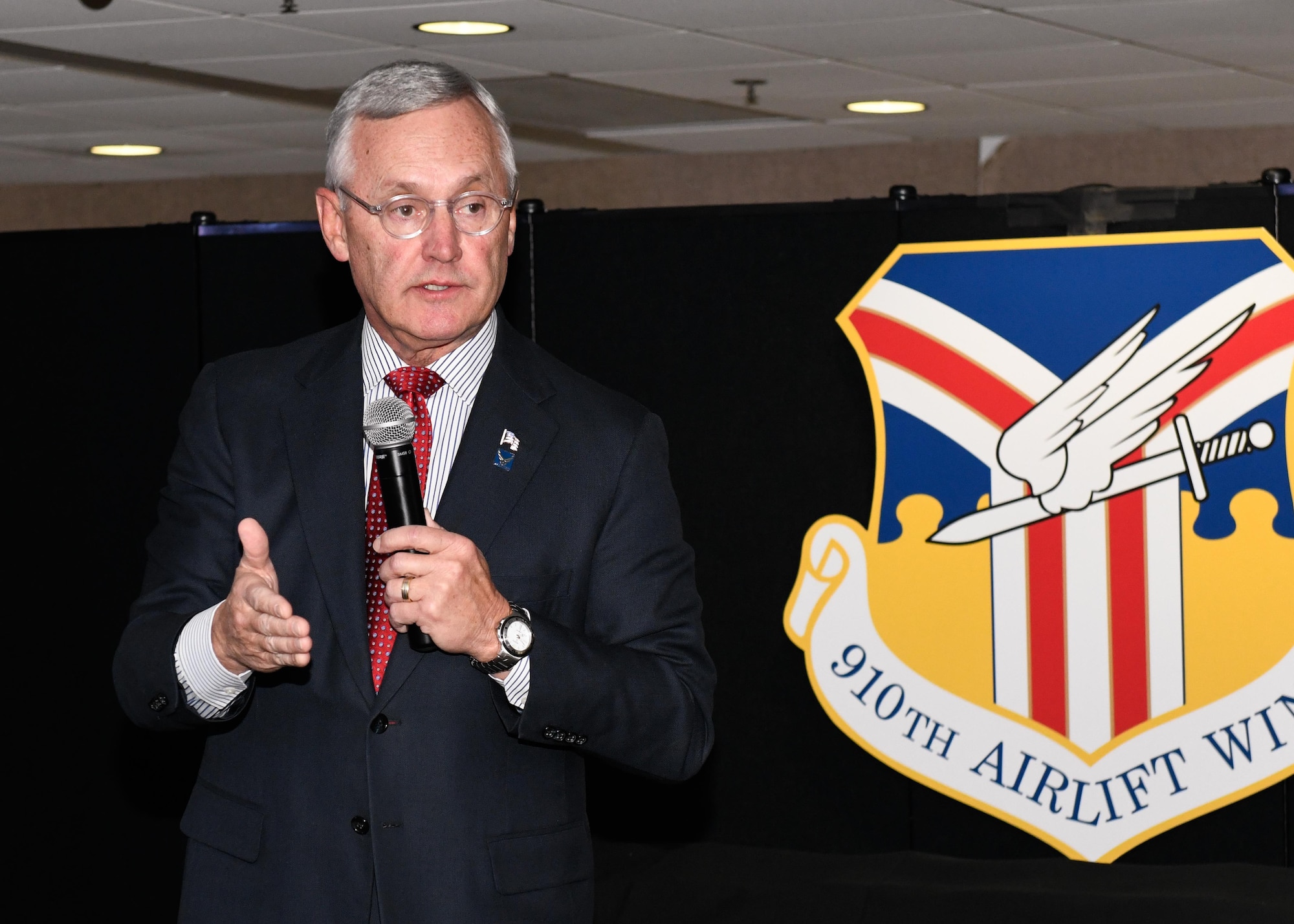 James P. Tressel, the president of Youngstown State University, Delivers a speech at the 910th Airlift Wing annual awards banquet here, March 7, 2020.