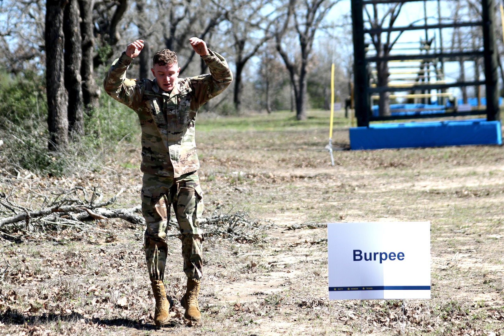 Army Spc. Jacob D. Arndt performs 25 burpees as part of the obstacle course during the Texas Military Department’s 2020 Best Warrior Competition March 5, 2020, at Camp Swift near Bastrop, Texas. Arndt, part of the 176th Engineers Brigade, is attending college and plans to commission as an officer through Reserve Officer Training Course (ROTC).