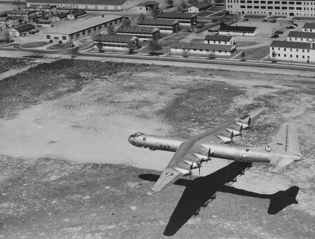 An aerial view of a B-36 flyby over Hill Air Force Base.