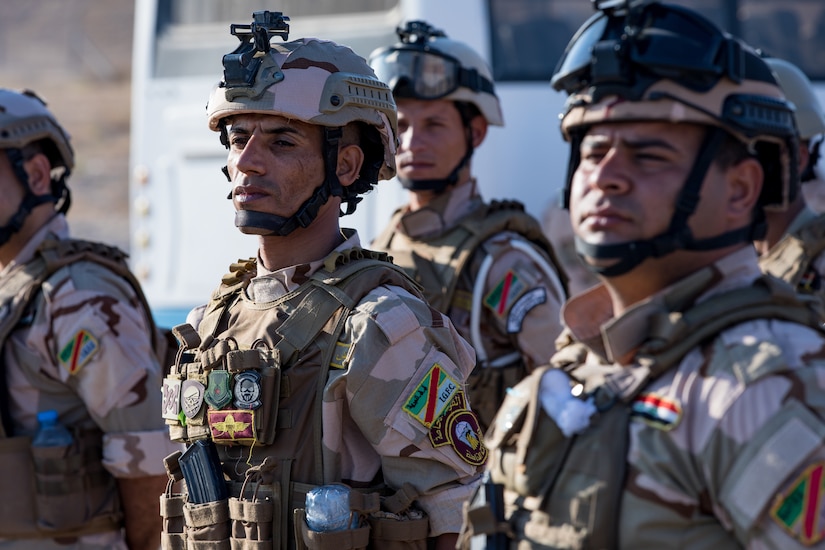 Iraqi forces stand in formation.