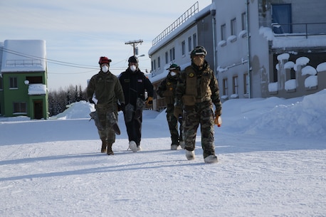 United States Marines and Sailors with Chemical Biological Incident Response Force (CBIRF) participate in cold weather training during Operation Arctic Eagle aboard Fort Wainewright, Ak. on Feb. 23, 2020. CBIRF conducted this training to practice responding in the extreme cold. (Official U.S. Marine Corps photo by Lance Cpl. Blakely Graham/Released)