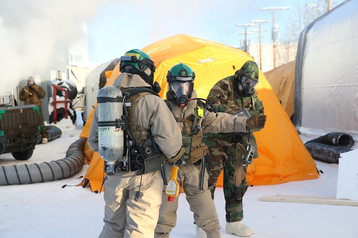 United States Marines and Sailors with Chemical Biological Incident Response Force (CBIRF) participate in cold weather training during Operation Arctic Eagle aboard Fort Wainewright, Ak. on Feb. 24, 2020. CBIRF conducted this training to practice responding in the extreme cold. (Official U.S. Marine Corps photo by Lance Cpl. Blakely Graham/Released)