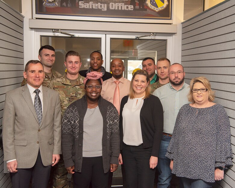 The 88th Air Base Wing safety director Bill Neitzke, front left, and his team strive to minimize risks and hazards on the installation through facility inspections, education programs and training. The safety office is divided into four departments covering weapons, aviation and occupational safety, and the Voluntary Protection Program. (U.S. Air Force photo by R.J. Oriez)