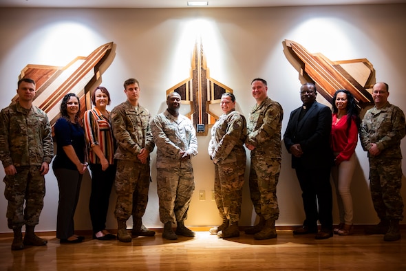 The 325th Fighter Wing religious affairs team poses for a photo at Tyndall Air Force Base, Florida, March 4, 2020. The team recently received the Air Combat Command Terence P. Finnegan Outstanding Medium Chapel Team Award. (U.S. Air Force photo by Staff Sgt. Magen M. Reeves)