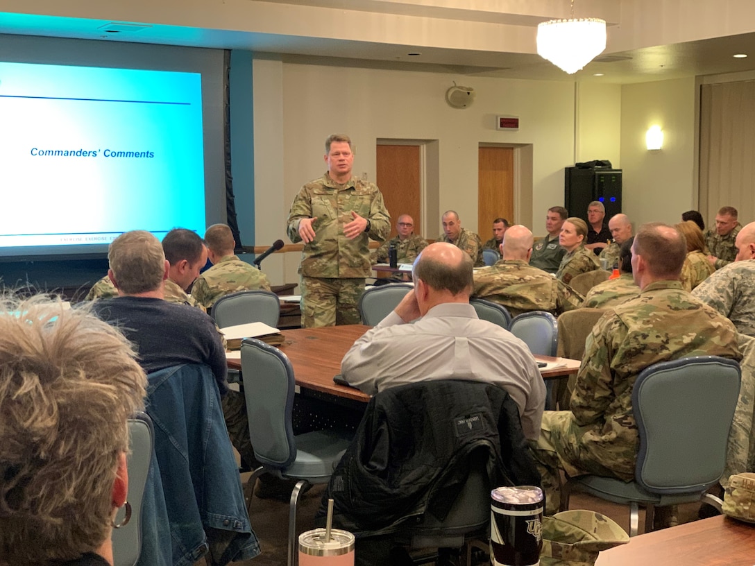 Colonel Peter Bonetti, 90th Missile Wing commander, addresses participants of the tabletop exercise, March 5 at the Trail's End Club on F.E. Warren Air Force Base, Wyo. Over 60 people came together from the base and community to dicuss possible medical scenarios. (U.S. Air Force photo by Capt. James Fisher)