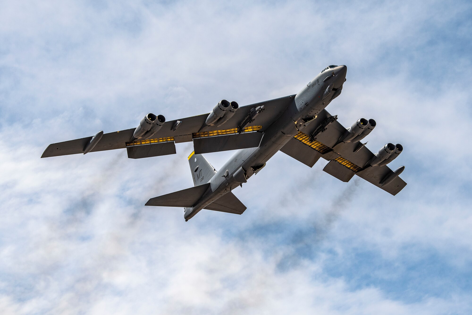 Aircraft flies in the air.