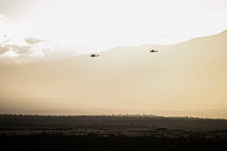 UH-1Y Venom and AH-1Z Viper helicopters maneuver towards a target in support of a tactical air control party at Pohakuloa Training Area, Hawaii, Feb. 26, 2020. Joint Terminal Attack Controllers conducted the exercise in order to better coordinate air support assets and calls for fire. (U.S. Marine Corps photo by Lance Cpl. Jacob Wilson)