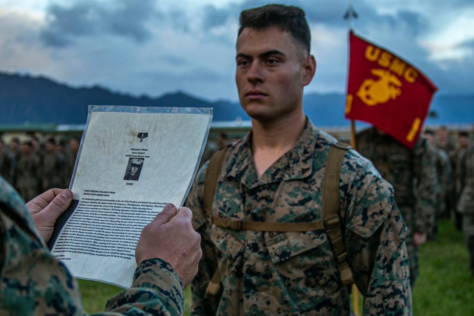 U.S. Marine Corps Lance Cpl. Ryan Smith, machine gunner, India Company, 3rd Battalion, 3rd Marine Regiment, is awarded the citation of Lance Cpl. William R. Prom for excellent service on Marine Corps Base Hawaii, Feb. 10, 2020. Lance Cpl. Prom was with the unit when his actions in Vietnam during Operation Taylor Common were awarded with the Medal of Honor. (U.S. Marine Corps photo by Lance Cpl. Jacob Wilson)