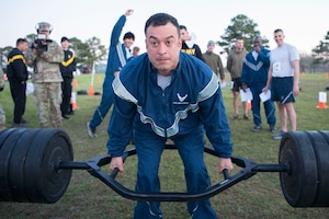 Staff Sgt. Juan Garcia, a member of the 203rd Ground Combat Training Squadron, participates in the new Army Combat Fitness Test during the Texas Military Department’s 2020 Best Warrior Competition March 4, 2020, at Camp Swift, Texas.