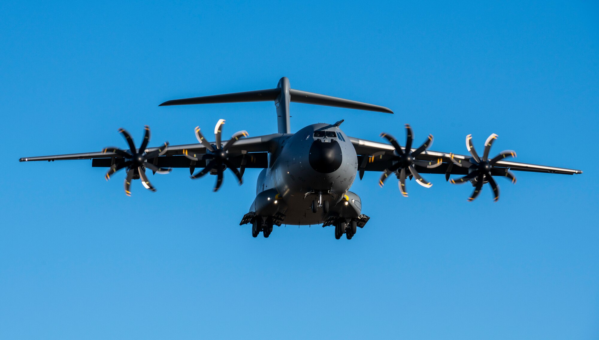 A Spanish A400M Atlas prepares to land at Dover Air Force Base, Delaware, Feb. 27, 2020. The aircraft and crew stopped at Dover AFB on their way to Nellis AFB, Nevada for exercise Red Flag 20-2, a multi-national, air-to-air combat training exercise. (U.S. Air Force photo by Senior Airman Christopher Quail)