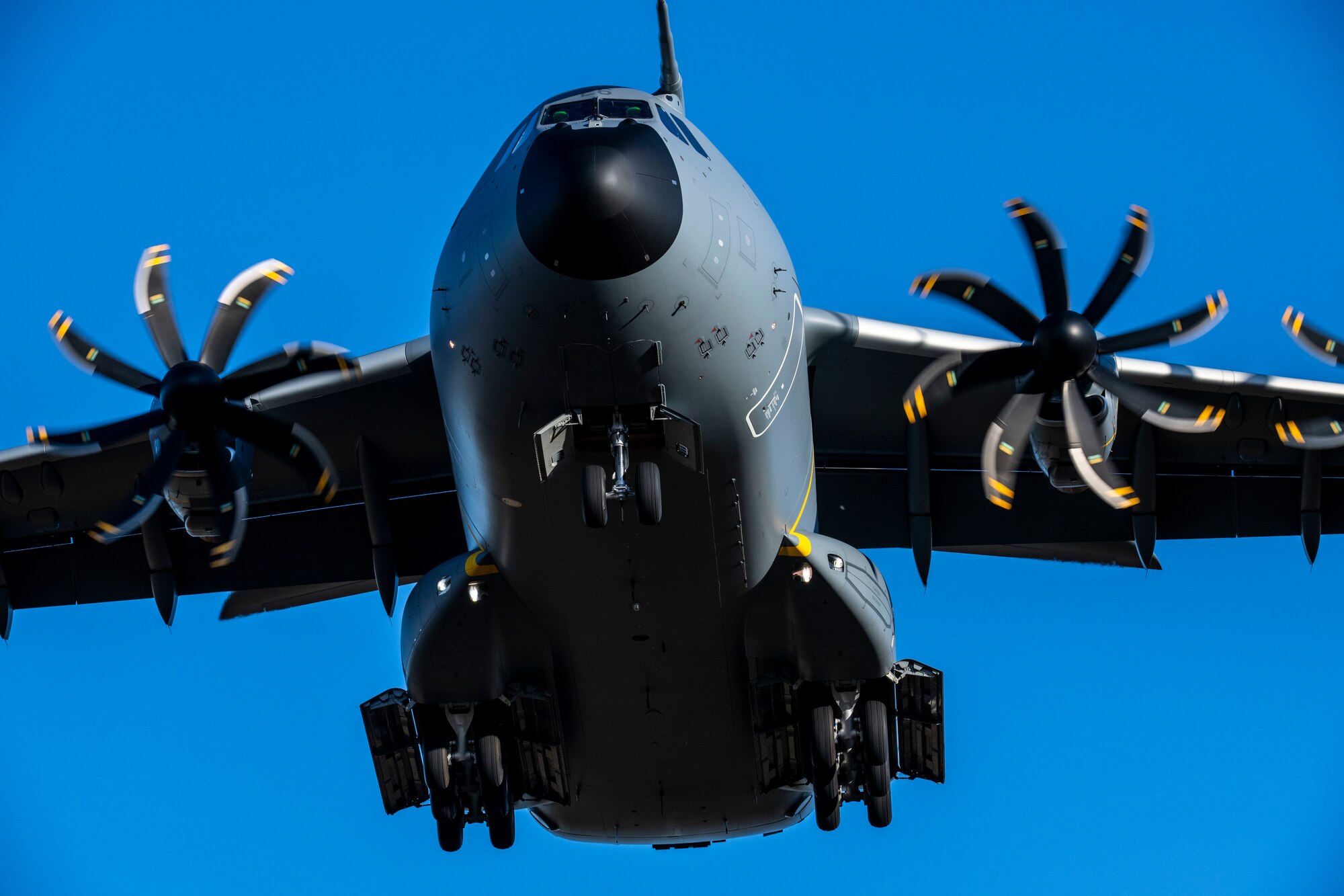 A Spanish A400M Atlas prepares to land at Dover Air Force Base, Delaware, Feb. 27, 2020. The aircraft and crew stopped at Dover AFB on their way to Nellis AFB, Nevada for exercise Red Flag 20-2, a multi-national, air-to-air combat training exercise. (U.S. Air Force photo by Senior Airman Christopher Quail)