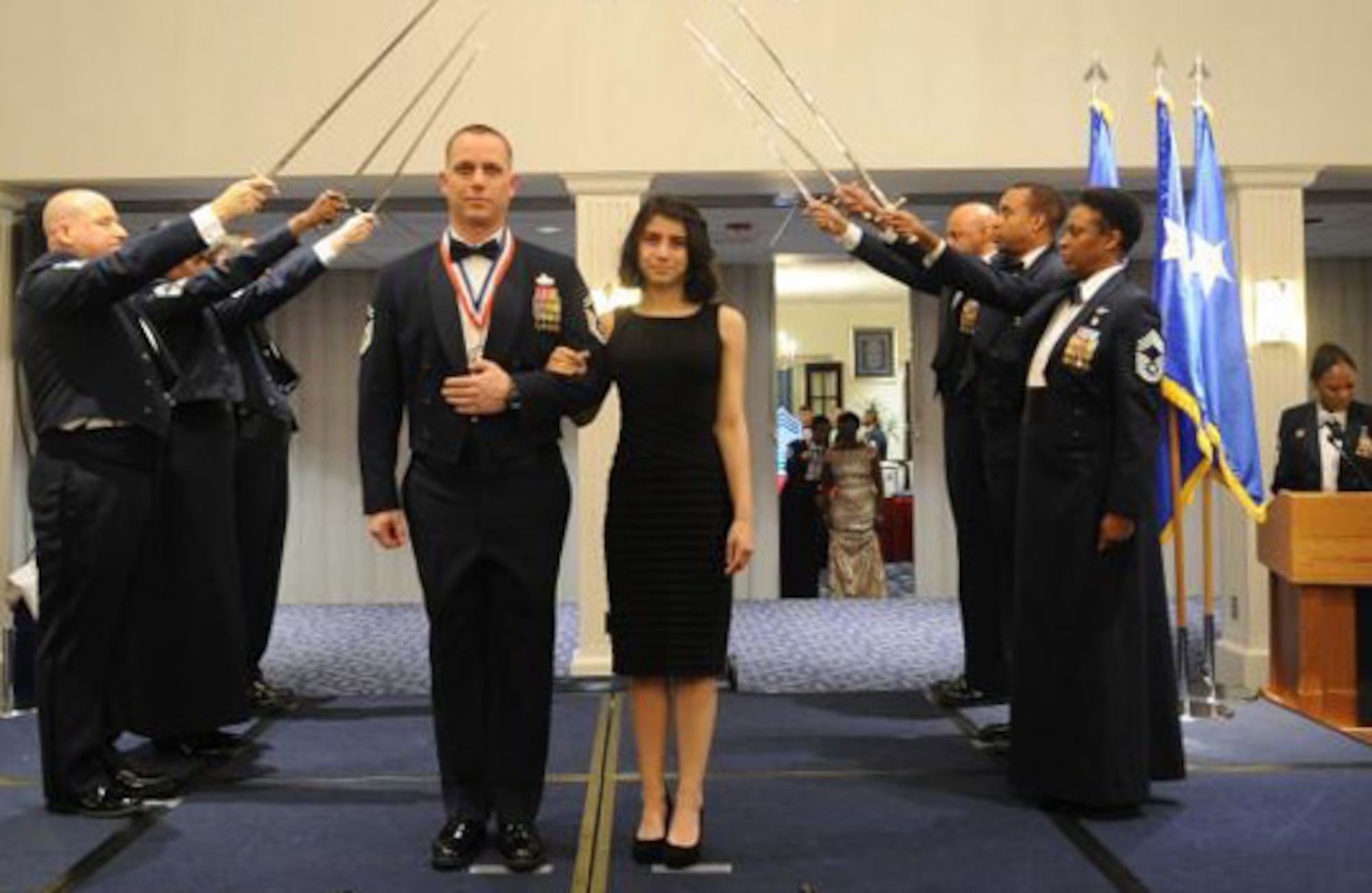 Then-Senior Master Sgt. Thomas Daniels poses for a photo with his daughter, Dakotah Daniels 15, during a Chief Induction Ceremony at Joint Base Anacostia-Bolling, Washington D.C., in January 2013. (Courtesy photo)