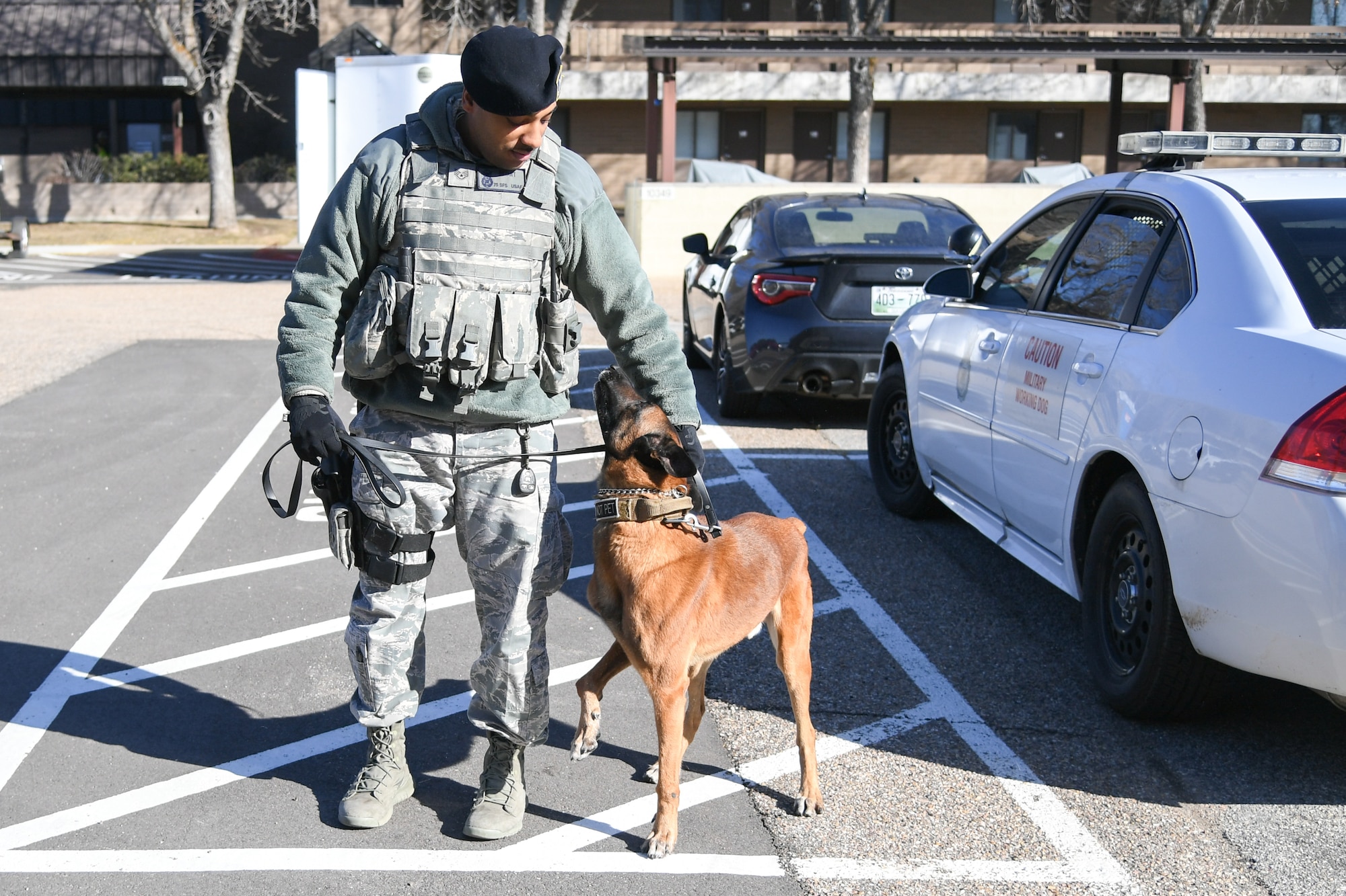 Staff Sgt. Paul Bryant, 75th Security Force Squadron, takes a moment with Xxuthus, a military working dog, before searching a dorm at Hill Air Force Base, Utah, March 4, 2020. Bryant has been XXuthus's handler for six months. Xxuthus is a single-purpose MWD, trained as an explosive detection dog. (U.S. Air Force photo by Cynthia Griggs)