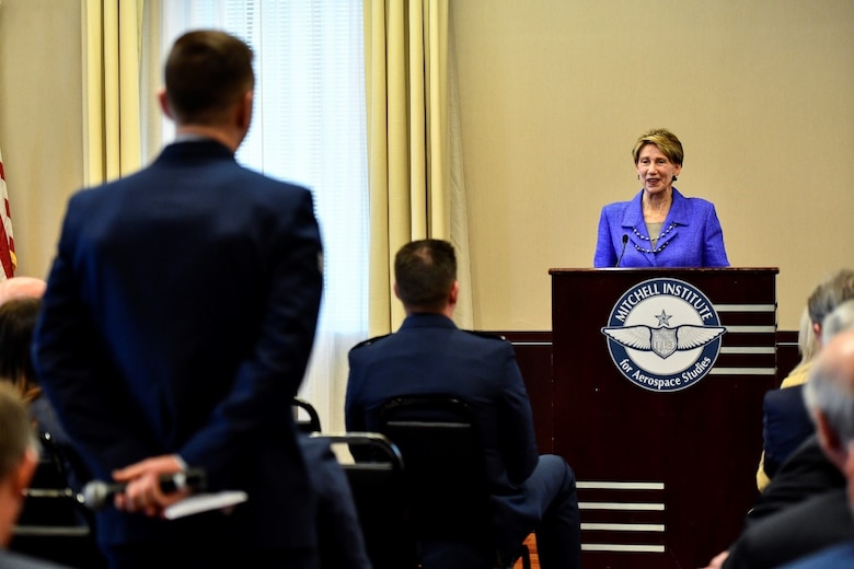 Air Force Secretary Barbara Barrett answers an Airman's question about joining U.S. Space Force during a forum, March 10, 2020, hosted by the Mitchell Institute think tank at the Reserve Officers Association Building, Washington, D.C. (U.S. Air Force photo by Eric Dietrich)