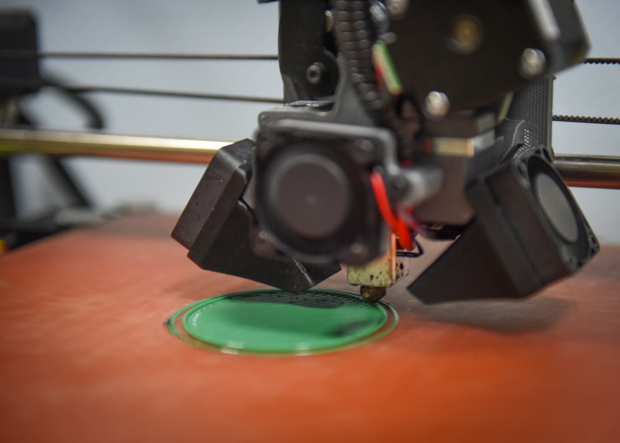 A 3D printer prints a coaster during the U.S. Air Forces Central Command Innovation Summit in the 379th Air Expeditionary Wing’s Desert Spark Lab at Al Udeid Air Base, Qatar, March 3, 2020.