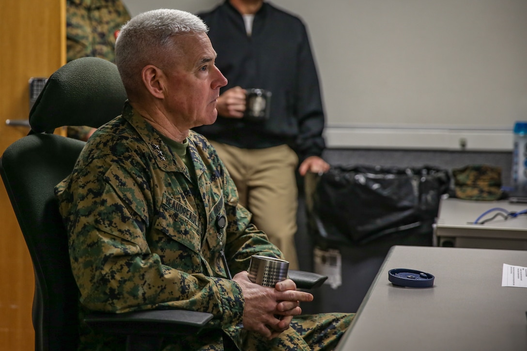 A U.S. Marine receives a brief during the end of Cyber Fury 2020 at Camp Lejeune, N.C., Feb. 28.