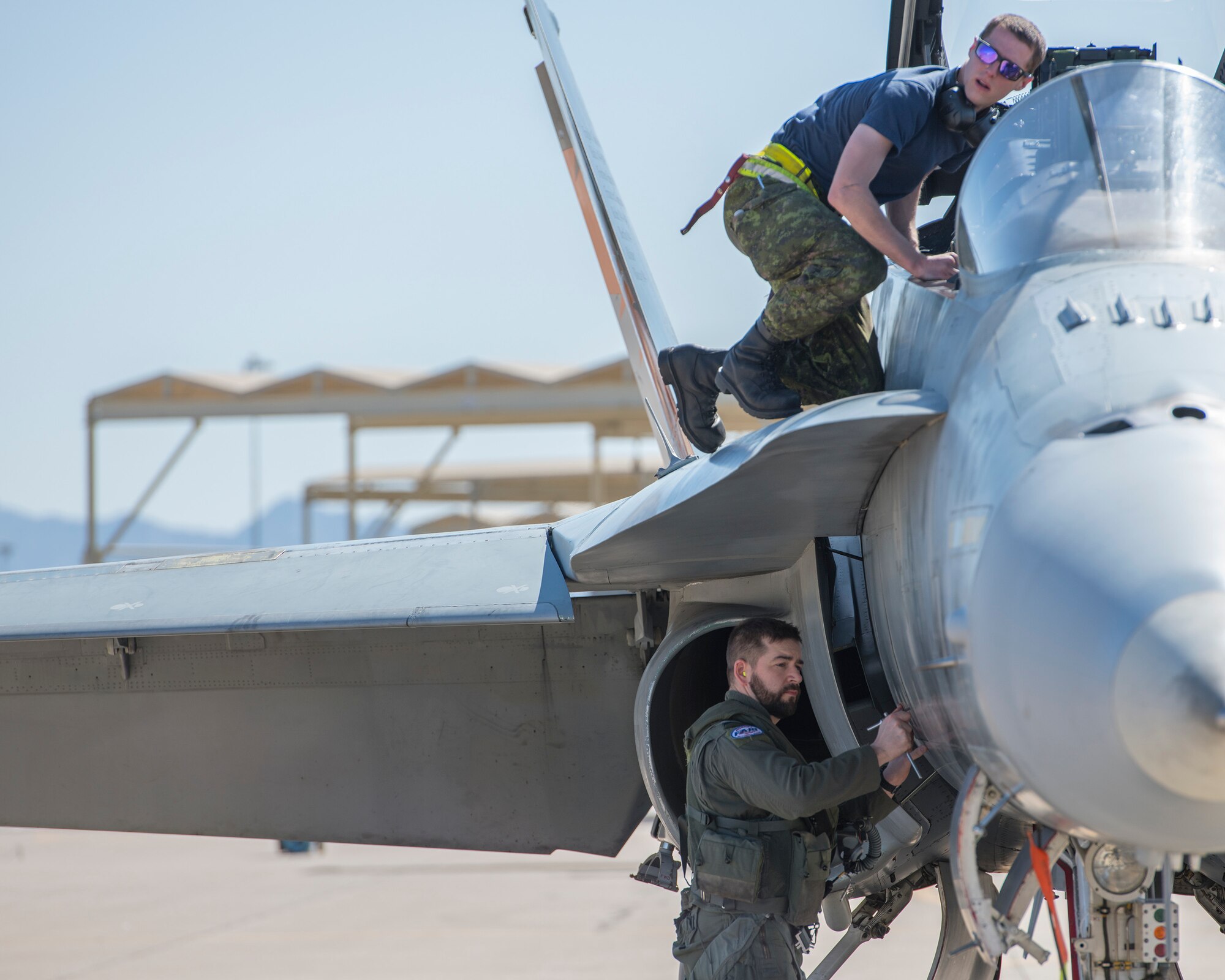A Royal Canadian air force pilot and crew chief, assigned to the 433rd Tactical Fighter Squadron in Canadian Forces Base Bagotville, Quebec, Canada, prepare a CF-18 Hornet for flight Feb. 25, 2020, at Luke Air Force Base, Ariz.