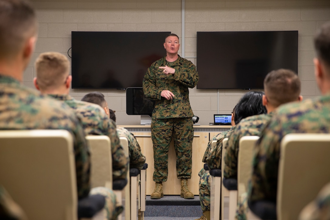 Master Gunnery Sgt. Scott H. Stalker speaks with 2nd Marine Aircraft Wing Intelligence Marines during his visit at Marine Corps Air Station Cherry Point, North Carolina, February 24, 2020. Stalker’s visit was to inform Intel Marines about opportunities the Marine Corps offers as they progress in rank. “Whatever I could do to help the boss be successful, that’s what I would do,” said Stalker. Stalker is the first Marine to hold the Senior Enlisted Advisor position at Defense Intelligence Agency as well as National Security Agency and the United States Cyber Command. (U.S. Marine Corps photo by Cpl. Damaris Arias)