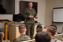 Master Gunnery Sgt. Scott H. Stalker speaks with 2nd Marine Aircraft Wing Intelligence Marines during his visit at Marine Corps Air Station Cherry Point, North Carolina, February 24, 2020. Stalker’s visit was to inform Intel Marines about opportunities the Marine Corps offers as they progress in rank. Stalker is the first Marine to hold the Senior Enlisted Advisor position at Defense Intelligence Agency as well as National Security Agency and the United States Cyber Command. (U.S. Marine Corps photo by Cpl. Damaris Arias)