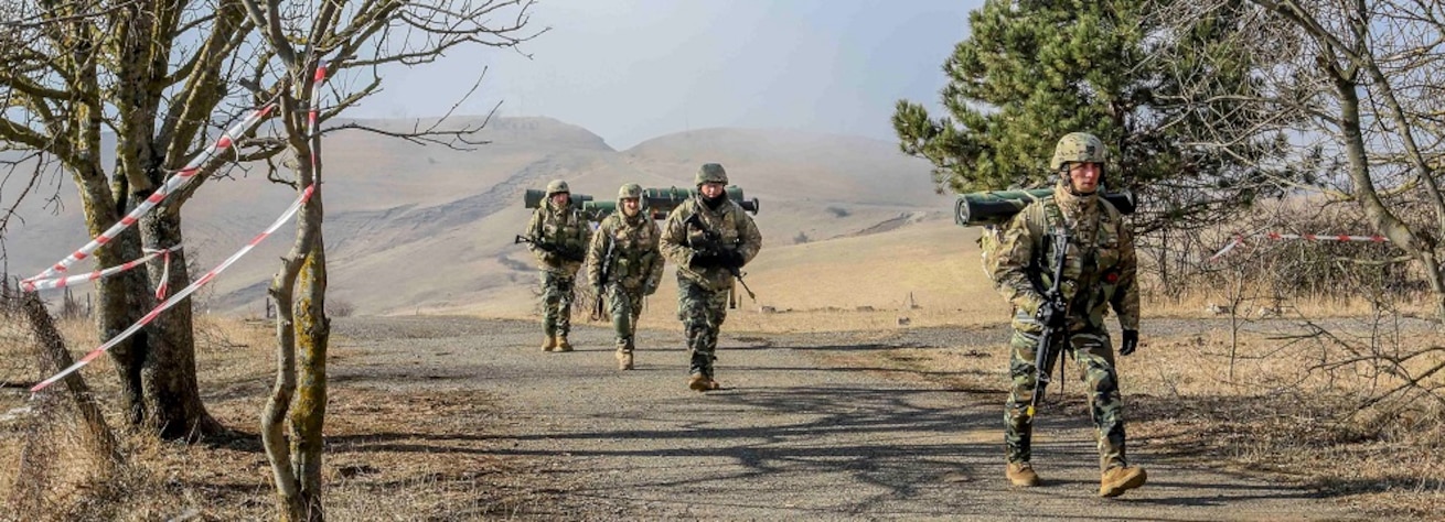 Georgian Soldiers conduct ruck marches during the Georgian Defense Readiness Program- Training (GDRP-T) mission on Vaziani Training Area, March 3, 2020. Soldiers from 1st Battalion, 5th Cavalry Regiment, 2nd Brigade Combat Team, 1st Cavalry Division are currently supporting the GDRP-T mission, which is to mentor and advise the Georgian Armed Forces to help them improve their combat readiness and to augment Georgia’s ongoing defense reform efforts. (U.S. Army photo by Spc. Zachary Stahlberg) 