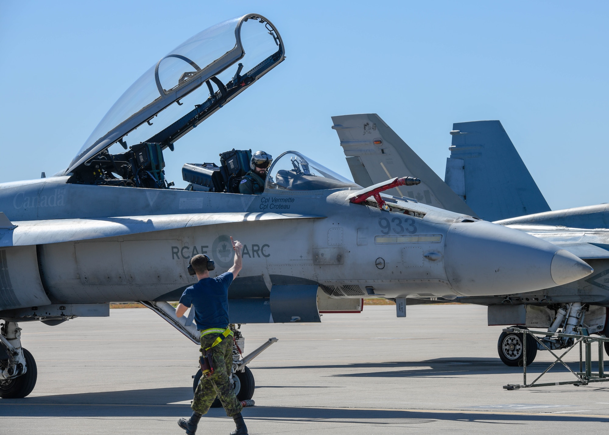 A Royal Canadian air force crew chief, assigned to the 433rd Tactical Fighter Squadron in Canadian Forces Base Bagotville, Quebec, Canada, gives a CF-18 Hornet pilot a thumbs up Feb. 25, 2020, at Luke Air Force Base, Ariz.