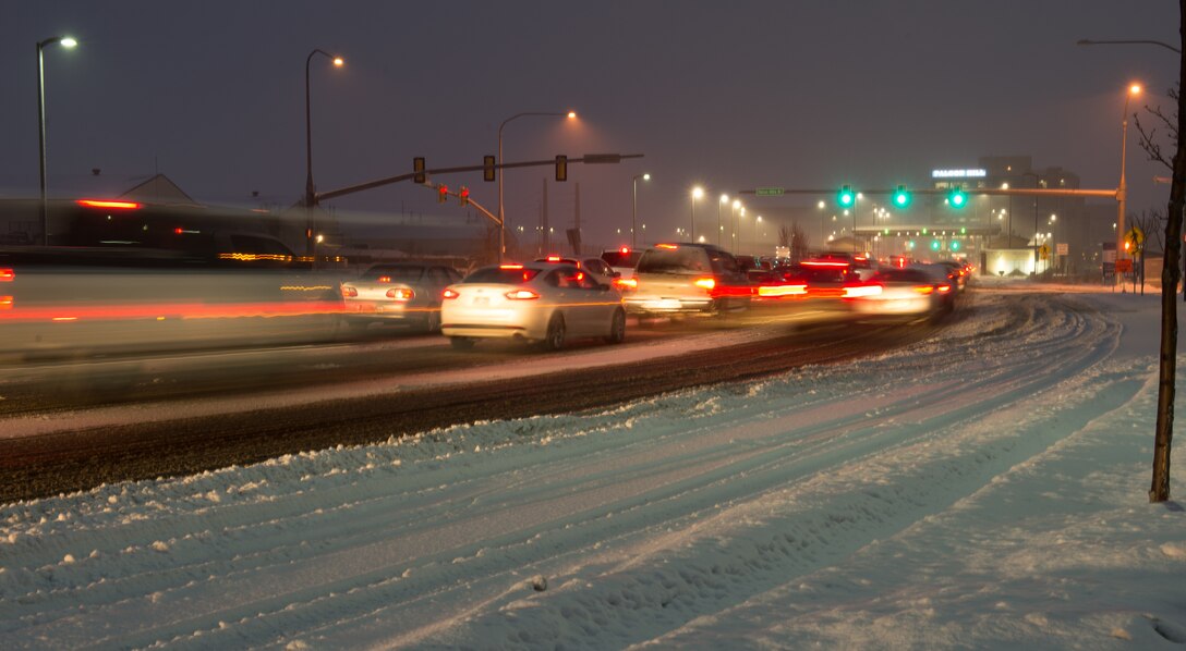 A stream of cars approach West Gate outside of Hill Air Force Base, Utah, Feb. 06, 2020. Hill is the second largest base by population and size. (U.S. Air Force photo by Staff Sgt. DaQuan Hurt)