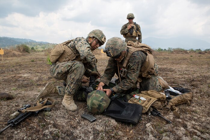 U.S. Navy Corpsmen conduct a simulated casualty evacuation while participating in the final exercise during exercise Cobra Gold 2020 at Ban Chan Khrem, Chanthaburi, Kingdom of Thailand, March 5.