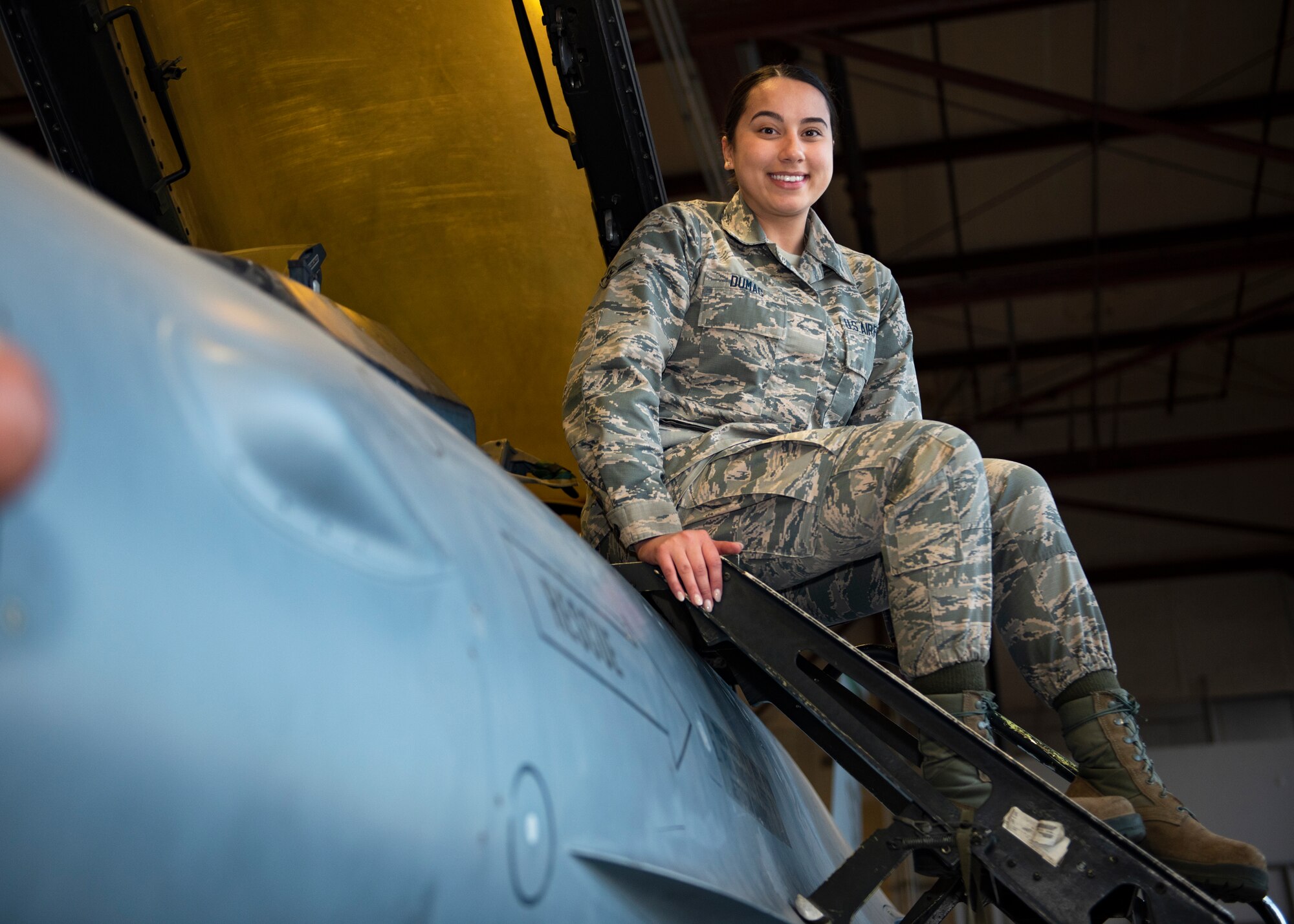 Airman Miah Dumag, 365th Training Squadron avionics technician apprentice course graduate, poses for a photo at Sheppard Air Force Base, Texas, March 10, 2020. Dumag scored perfect scores on all her performance checks and tests during her training, which gained her the ACE award. (U.S. Air Force photo by Senior Airman Pedro Tenorio)