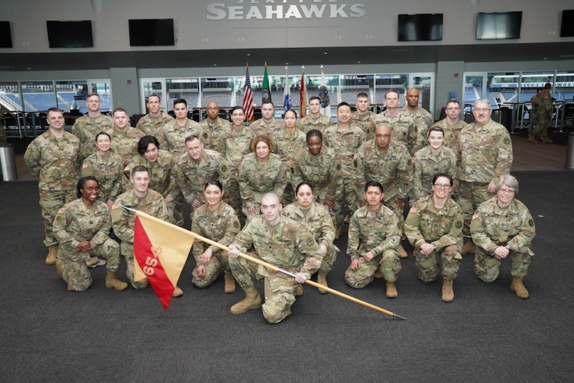 Family and friends gathered to bid farewell to approximately 50 U.S. Army Reserve Soldiers of Detachment 1, 654th Regional Support Group, 364th Sustainment Command (Expeditionary), at a send-off ceremony at CenturyLink Field Event Center, March 6, 2020. DET 1, led by Maj. Thomas Boler, a native of Vancouver, Washington, will deploy to the Middle East in support of Operation Spartan Shield, providing base life support for units rotating through the United States Central Command area of operation. The 654th RSG, headquartered in Tacoma, Washington, deploys to provide base camp sustainment and area security in support of unified land operations. (Photo by U.S. Army Reserve Sgt. Christian Dizon, Unit Public Affairs Representative, 477th Transportation Company)