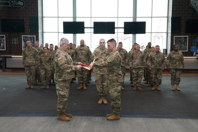 Family and friends gathered to bid farewell to approximately 50 U.S. Army Reserve Soldiers of Detachment 1, 654th Regional Support Group, 364th Sustainment Command (Expeditionary), at a send-off ceremony at CenturyLink Field Event Center, March 6, 2020. DET 1, led by Maj. Thomas Boler, a native of Vancouver, Washington, will deploy to the Middle East in support of Operation Spartan Shield, providing base life support for units rotating through the United States Central Command area of operation. The 654th RSG, headquartered in Tacoma, Washington, deploys to provide base camp sustainment and area security in support of unified land operations.