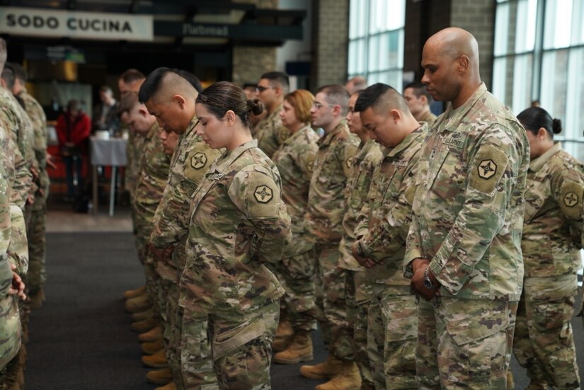 Family and friends gathered to bid farewell to approximately 50 U.S. Army Reserve Soldiers of Detachment 1, 654th Regional Support Group, 364th Sustainment Command (Expeditionary), at a send-off ceremony at CenturyLink Field Event Center, March 6, 2020. DET 1, led by Maj. Thomas Boler, a native of Vancouver, Washington, will deploy to the Middle East in support of Operation Spartan Shield, providing base life support for units rotating through the United States Central Command area of operation. The 654th RSG, headquartered in Tacoma, Washington, deploys to provide base camp sustainment and area security in support of unified land operations.