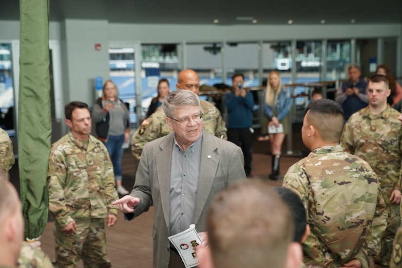 U.S. Army Reserve Ambassador for the state of Washington, Hon. Kurt Hardin, speaks with Detachment 1 Soldiers, following a send-off ceremony at CenturyLink Field Center, March 6, 2020. Approximately 50 U.S. Army Reserve Soldiers of DET 1, 654th RSG Headquarters, will deploy to the Middle East in support of Operation Spartan Shield, providing base life support for units rotating through the United States Central Command area of operation. The 654th RSG, headquartered in Tacoma, Washington, deploys to provide base camp sustainment and area security in support of unified land operations. (Photo by U.S. Army Reserve Sgt. Christian Dizon, Unit Public Affairs Representative, 477th Transportation Company)