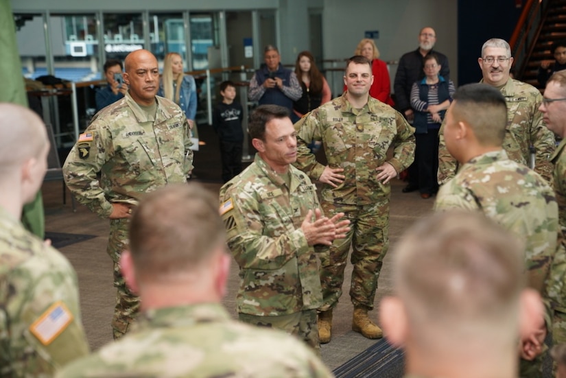 U.S. Army Reserve Col. Vince Rice, deputy commander of 364th Sustainment Command (Expeditionary), speaks with Detachment 1 Soldiers, following a send-off ceremony at CenturyLink Field Center, March 6, 2020. Approximately 50 U.S. Army Reserve Soldiers of DET 1, 654th RSG Headquarters, will deploy to the Middle East in support of Operation Spartan Shield, providing base life support for units rotating through the United States Central Command area of operation. The 654th RSG, headquartered in Tacoma, Washington, deploys to provide base camp sustainment and area security in support of unified land operations. (Photo by U.S. Army Reserve Sgt. Christian Dizon, Unit Public Affairs Representative, 477th Transportation Company)