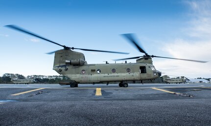 A U.S. Army CH-47 Chinook helicopter lands on the Airfield at Felker Army Airfield, Joint Base Langley-Eustis, Virginia, March 6, 2020. The helicopter returned from dropping troops off at a training location. (U.S. Air Force photo by Airman 1st Class Sarah Dowe)