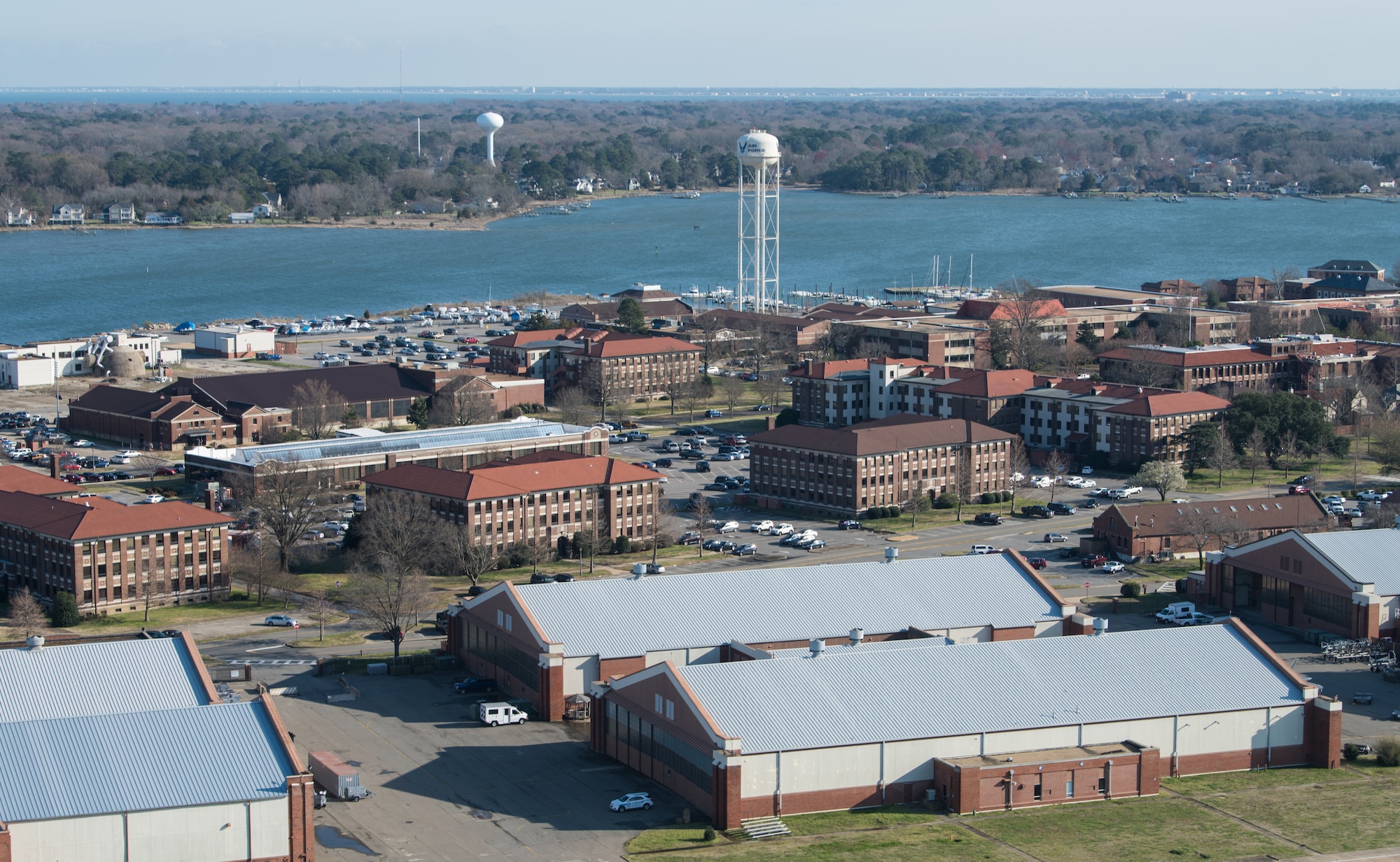 A view of Joint Base Langley-Eustis, Virginia, from a U.S. Army CH-47 Chinook helicopter, March 6, 2020. The helicopter departed from Felker Army Airfield, JBLE. (U.S. Air Force photo by Airman 1st Class Sarah Dowe)