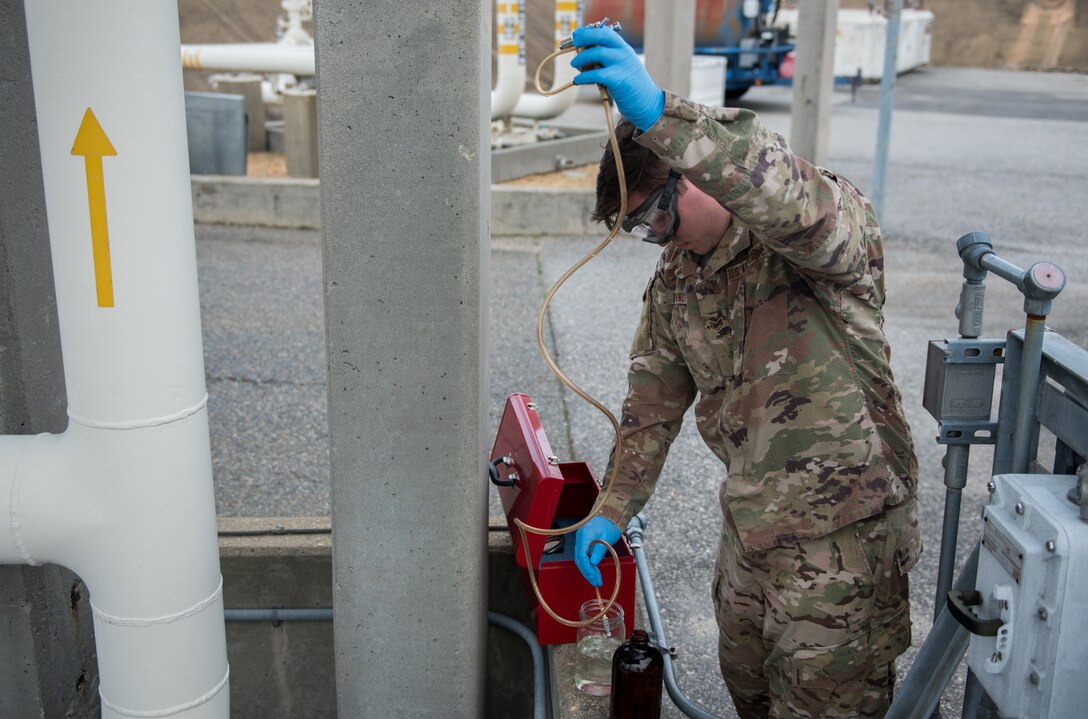 U.S. Air Force Staff Sgt. Anthony DiTonno, 633rd Logistics Readiness Squadron Fuels Laboratory non-commissioned officer in-charge, tests fuel as it is delivered at Joint Base Langley-Eustis, Virginia, March 10, 2020. The fuel is tested to ensure the product meets or exceeds quality standards. (U.S. Air Force photo by Airman 1st Class Sarah Dowe)
