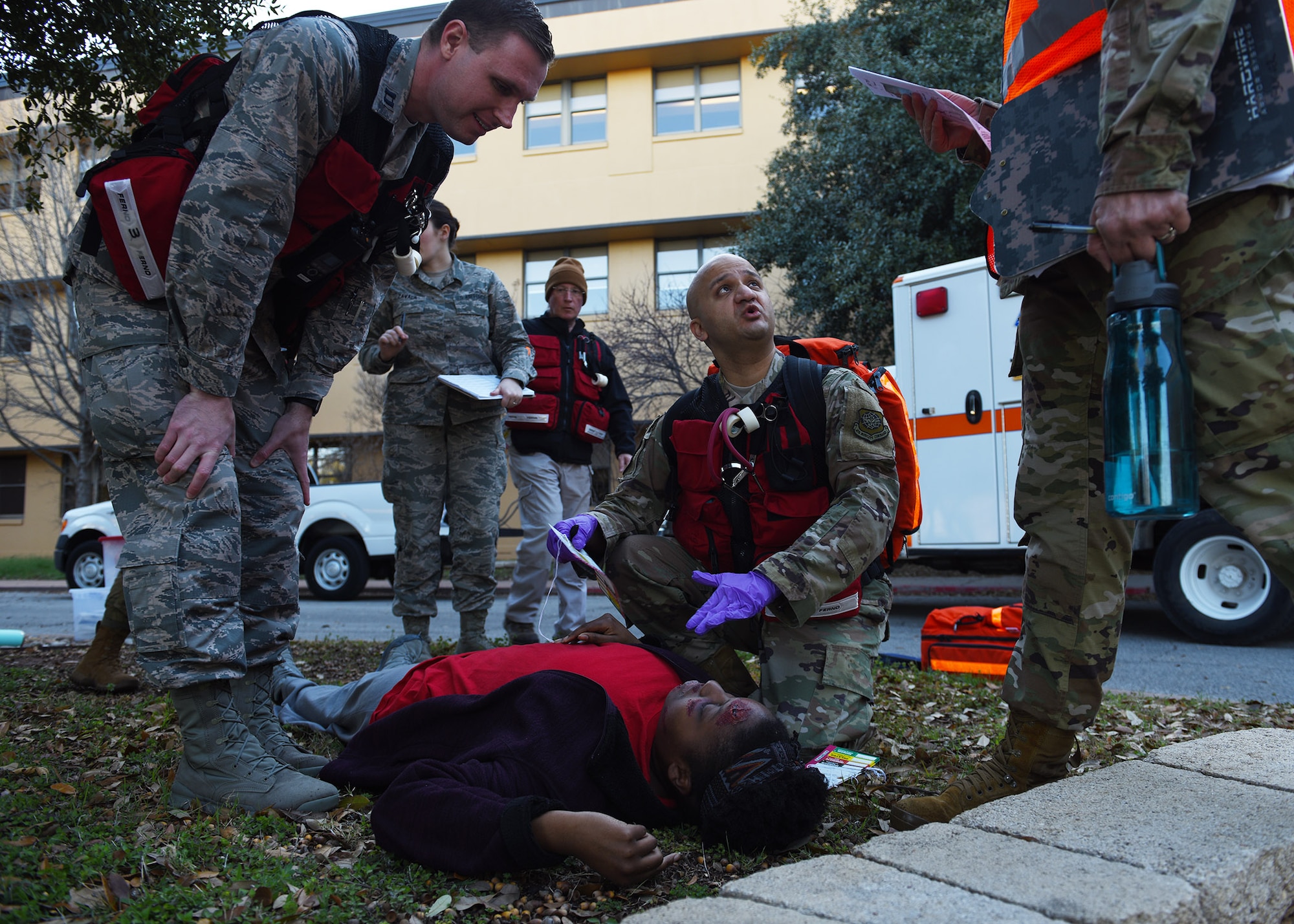 Airmen assigned to the 7th Operational Medical Readiness Squadron diagnose a simulated patient’s status during the 7th Medical Group’s chemical, biological, radiological, and nuclear exercise at Dyess Air Force Base, Texas, March 6, 2020.