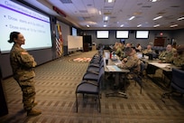 Army Lt. Col. Lien Senchak, Armed Forces Radial Biology Research Institute military medical operations department head, delivers a brief as part of a Medical Effects of Ionizing Radiation (MEIR) course at Joint Task Force Civil Support headquarters.