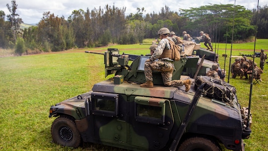 U.S. Marines with Weapons Company, 3rd Battalion, 3rd Marine Regiment fire down range with the 50 cal. machine gun at Schofield Barracks, Hawaii, Feb. 24, 2020. Bougainville I is the beginning exercise that focus on squad level battle drills and tactical training aiming to strengthen the units pre-deployment readiness. (U.S. Marine Corps photo by Cpl. Eric Tso)