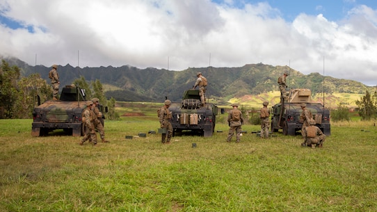 U.S. Marines with Weapons Company, 3rd Battalion, 3rd Marine Regiment fire down range with the 50 cal. machine gun at Schofield Barracks, Hawaii, Feb. 24, 2020. Bougainville I is the beginning exercise that focus on squad level battle drills and tactical training aiming to strengthen the units pre-deployment readiness. (U.S. Marine Corps photo by Cpl. Eric Tso)