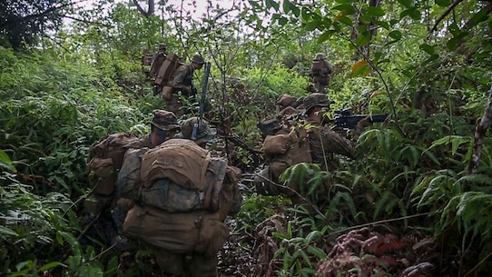 U.S. Marines with Kilo Company, 3rd Battalion, 3rd Marine Regiment make their way through the jungle terrain during a squad patrol at Schofield Barracks, Hawaii, Feb. 25, 2020. Bougainville I is the beginning exercise that focus on squad level battle drills and tactical training aiming to strengthen the units pre-deployment readiness. (U.S. Marine Corps photo by Cpl. Eric Tso)