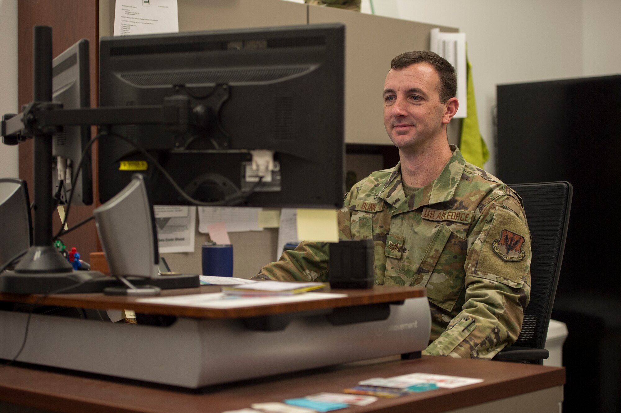 Staff Sgt. Brandon Bunn, a 388th Maintenance Group quality assurance inspector, performs administrative work at Hill Air Force Base, Utah, Feb. 6, 2020. When he isn’t on the flight line or in back shops inspecting maintenance operations, he inputs inspections, routes incident reports, reviews regulations and operating instructions to better-serve Airmen on the flight line.  (U.S. Air Force photo by Staff Sgt. Jarrod M. Vickers)