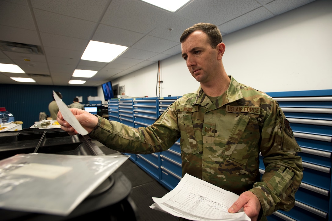 U.S. Air Force Staff Sgt. Brandon Bunn, a 388th Maintenance Group quality assurance inspector, checks prior toolbox inspection dates at Hill Air Force Base, Utah, Feb. 6, 2020. Checking previous inspections verifies that members are adhering to inspection schedules and accounting for their tools on a regular basis. (U.S. Air Force photo by Staff Sgt. Jarrod M. Vickers)