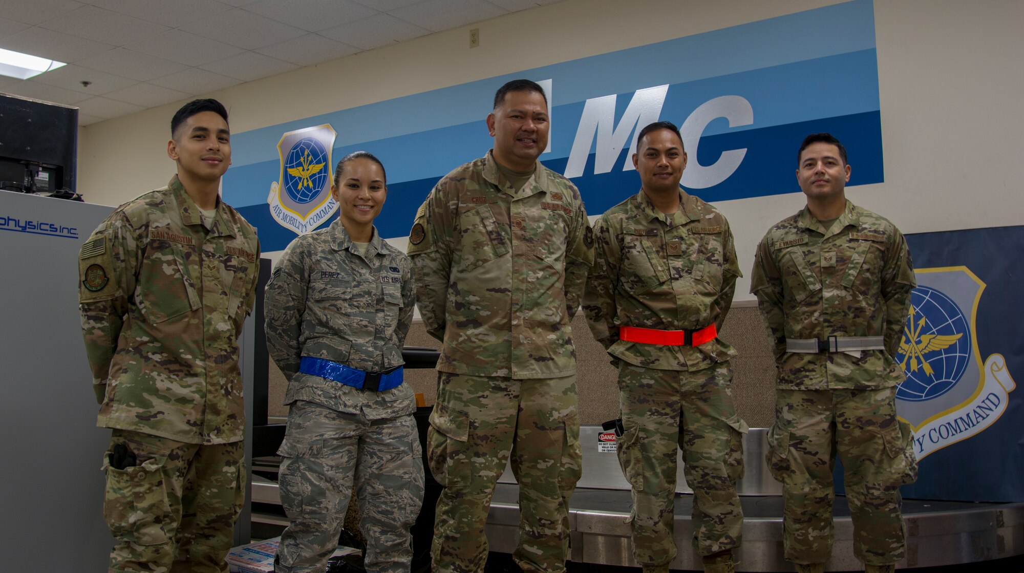 Picture of U.S. Air Force Reserve members with the 44th Aerial Port Squadron participating in the first Patriot Express mission at Andersen Air Force Base, March 7, 2020.