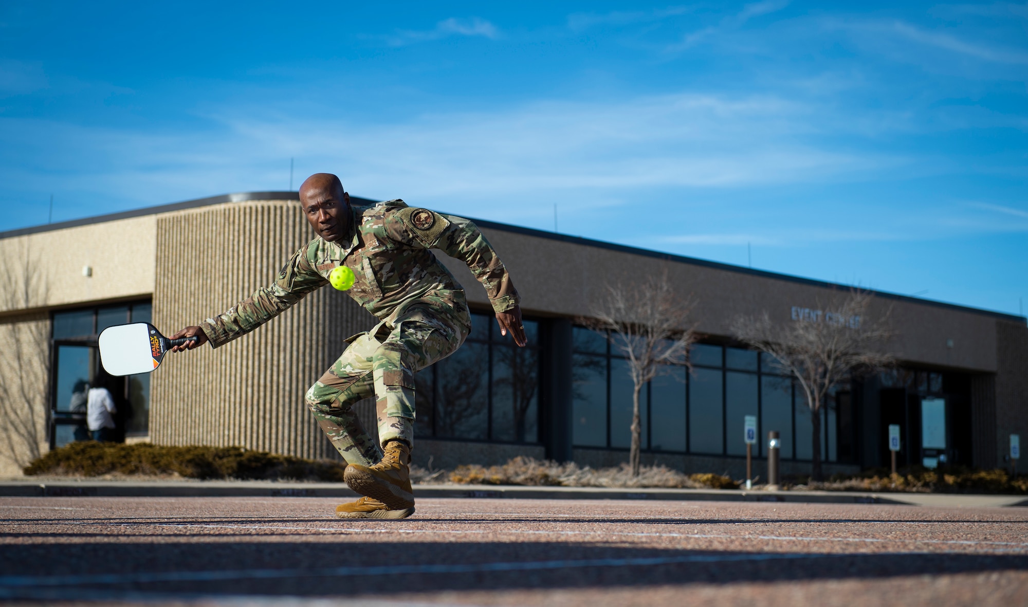 Chief Master Sgt. Boston Alexander, 50th Space Wing command chief master sergeant, plays Pickleball during First Friday at Schriever Air Force Base, Colorado, March 6, 2020. First Friday is a morale-boosting event held once a month where Airmen play games, eat free food and strengthen connections. (U.S. Air Force photo by Airman Amanda Lovelace)