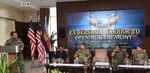 Malaysia Armed Forces Joint Force Headquarters Chief of Staff Maj. Gen. Abd Malik bin Jiran officiates the opening ceremony of Bersama Warrior March 11, 2020, at the Malaysia Armed Forces Joint Force Headquarters in Kuala Lumpur. Also pictured, left to right, is U.S. Army U.S. Indo-Pacific Command, Pacific Warfighting Center Director Paul Tamaribuchi; 25th Infantry Division Commander Maj.Gen.James B. Jarrard; 12th Malaysian Infantry Brigade Commander Brig. Gen. Datuk Marzuki bin HJ Mokhtar; and Special Assistant to the Director of the Air National Guard Brig. Gen. Jill A. Lannan.