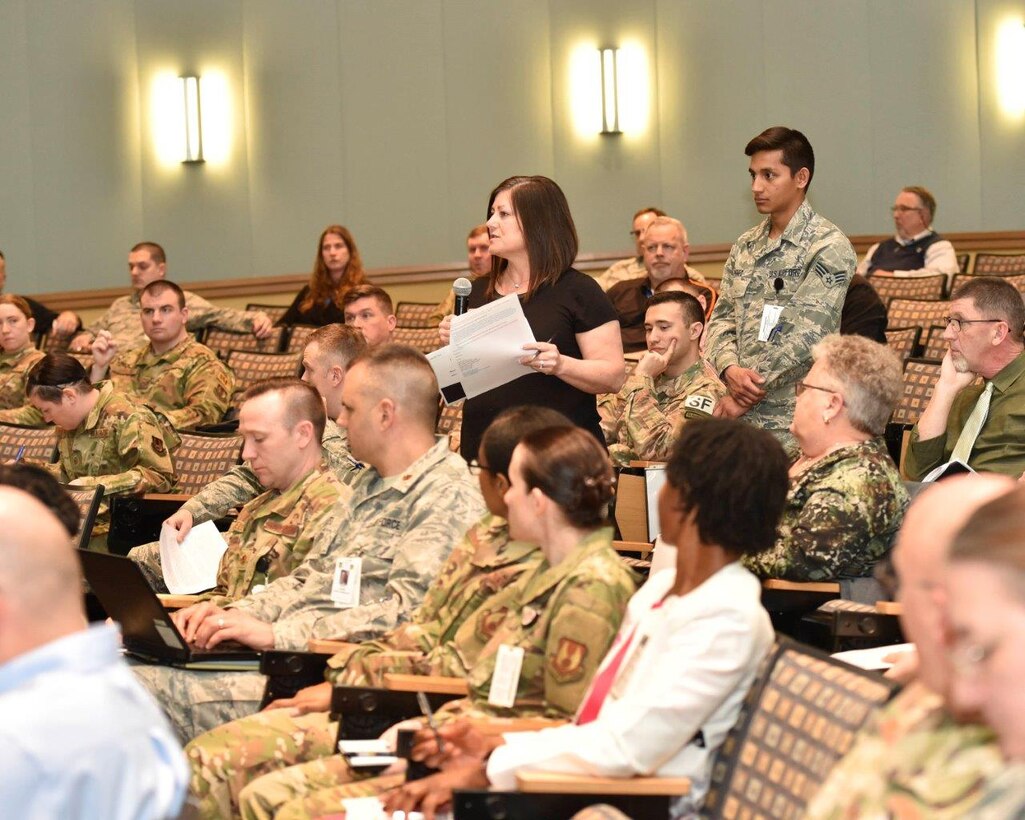 An 88th Force Support Squadron spokesperson addresses possible issues for her specific organization during a tabletop exercise at Wright-Patterson Air Force Base on March 11. (U.S. Air Force photo/Senior Airman Emily Rupert)
